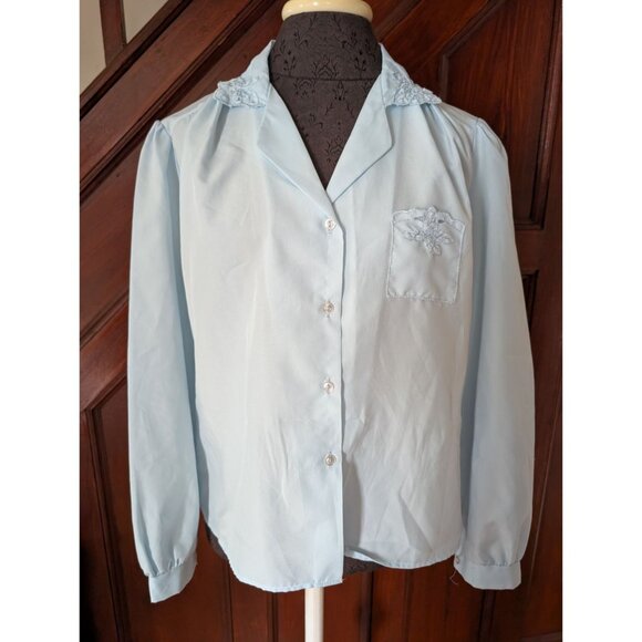 Vintage Rhapsody Light Blue Blouse Embroidery Size M 100% Polyester Made In USA - Picture 1 of 10